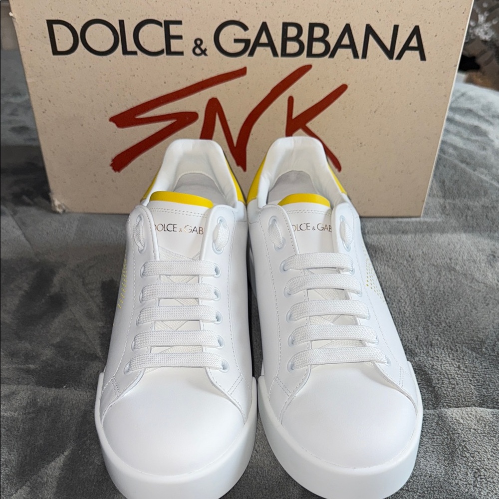 Dolce & Gabbana leather White Sneakers with Yellow accents comes with box